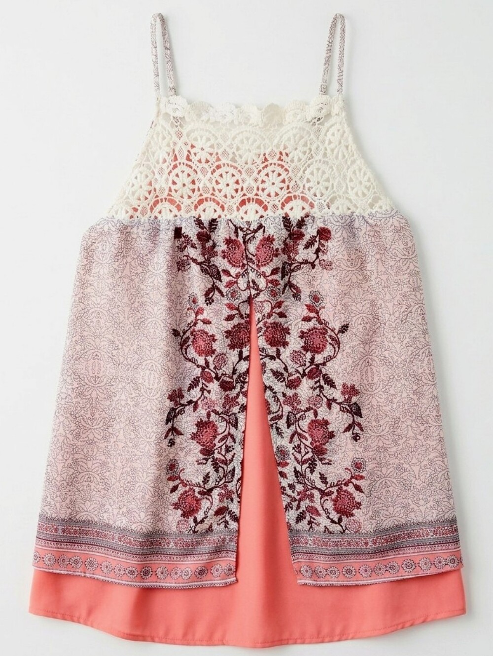 Maurices Boho Crochet Lace Split Front  Sleeveless Blouse Sz 1 1X Coral